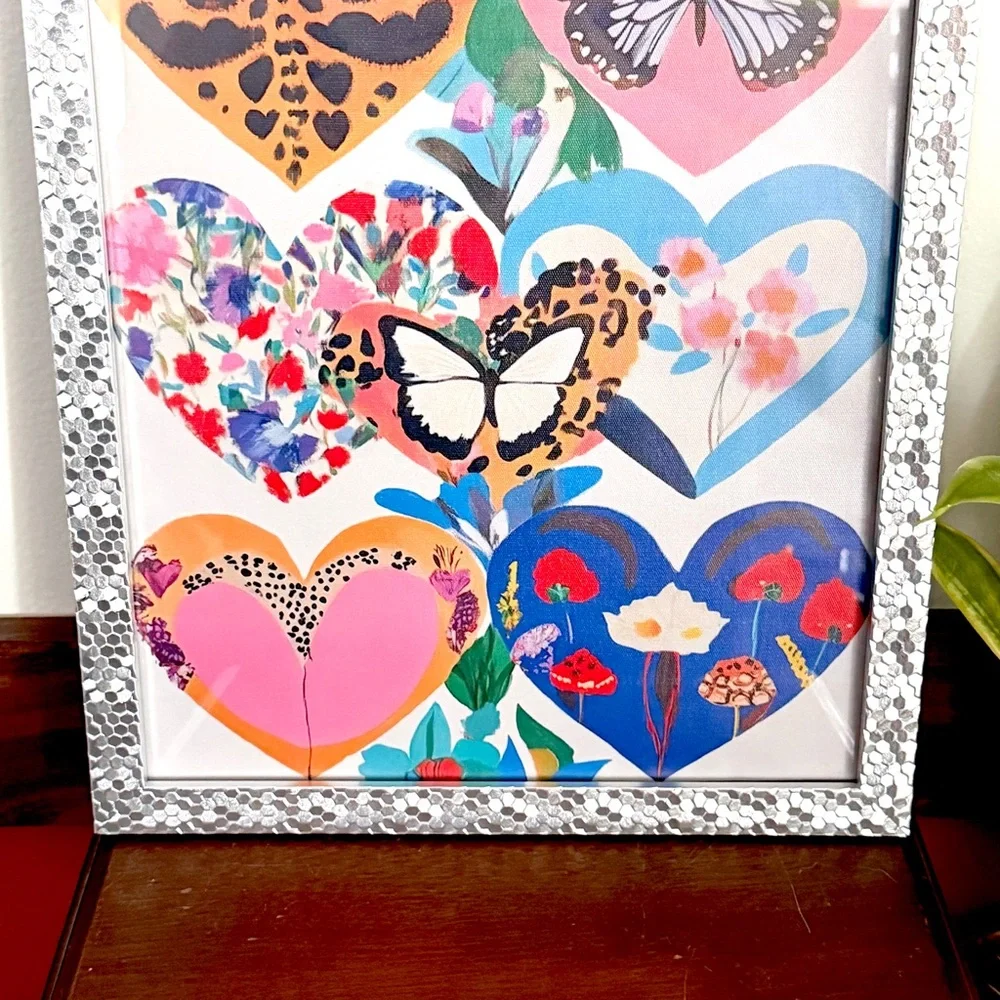 Heart Floral Butterfly Maximalist Canvas Art Print Silver Framed Wall Hang Art